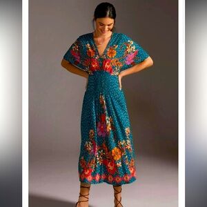 Anthropologie Bl^nk Tatiana Kafta - Teal Floral Midi Dress